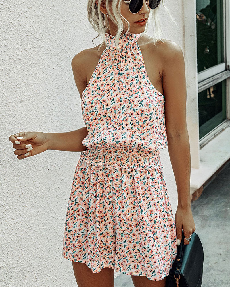 Womens Off Shoulder Halter Strapless Floral Print Jumpsuit Rompers