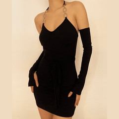 Self tie ribbed metal chain off shoulder long sleeve dress