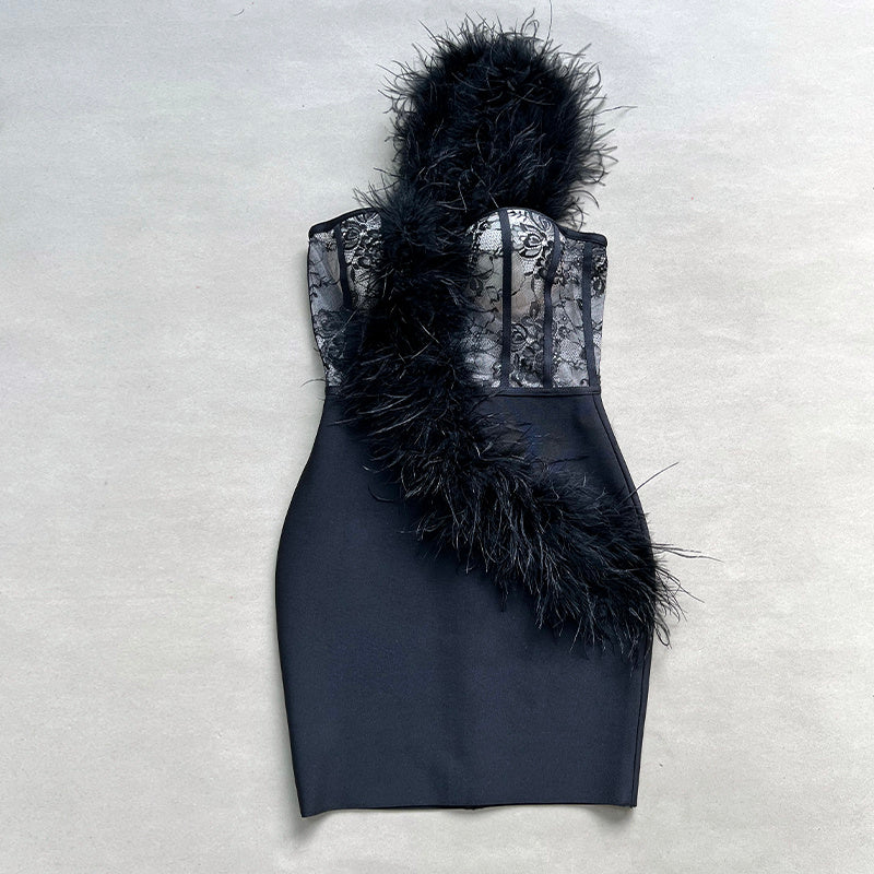 Angela feather one shoulder bandage mini dress