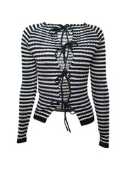 Lace Up Striped Ribbed Knit Top