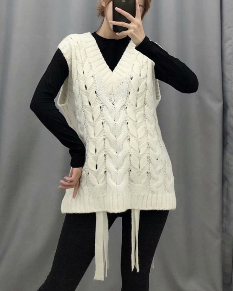 V-neck Knit Lacing Hollow-out Sweaters