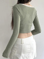 Lace Trim Notch Neck Irregular Cropped Long Sleeve Knit