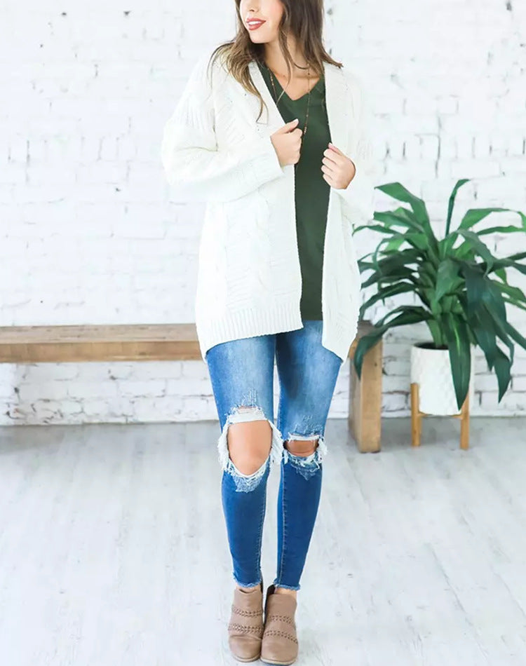 Solid Color Knit Long Cardigan Plus Size S-3XL