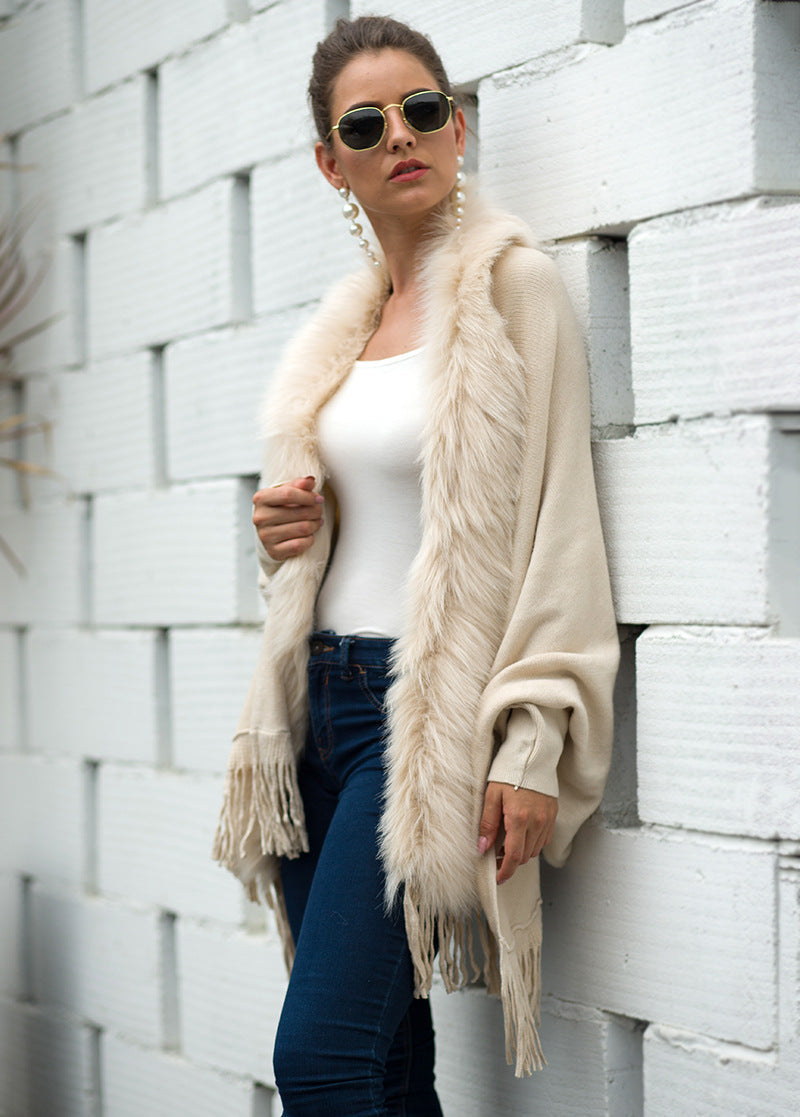 Tassel Fringed Cloak Shawl Fur Collar Sweater Cape Cardigans