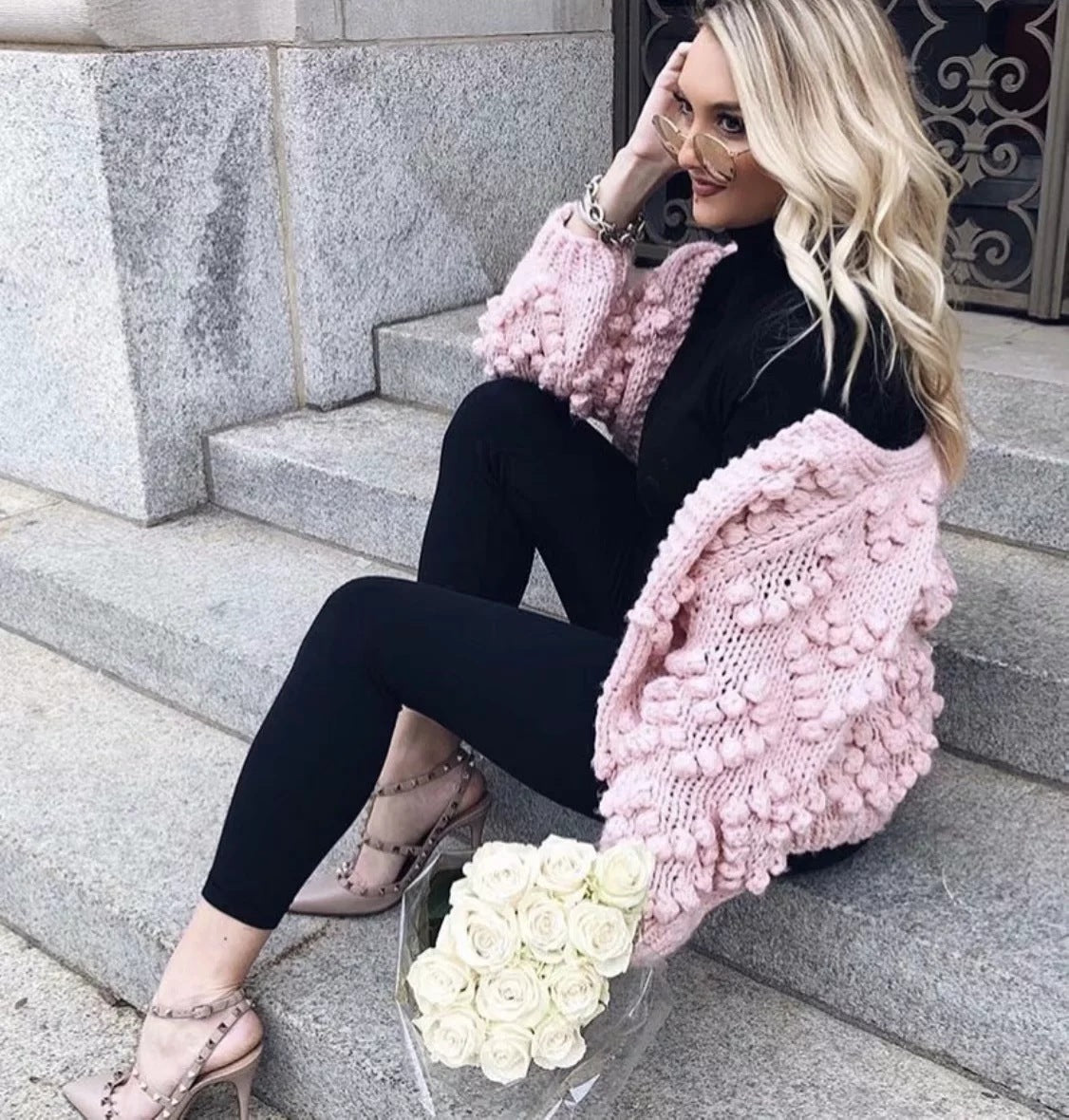 V-neck Handicraft Splicing Hollow-out Sweaters Cardigans