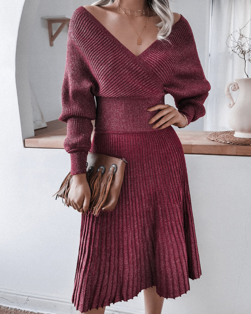 V-neck Irregular Hem Pleated Knit Sweater Midi Dresses