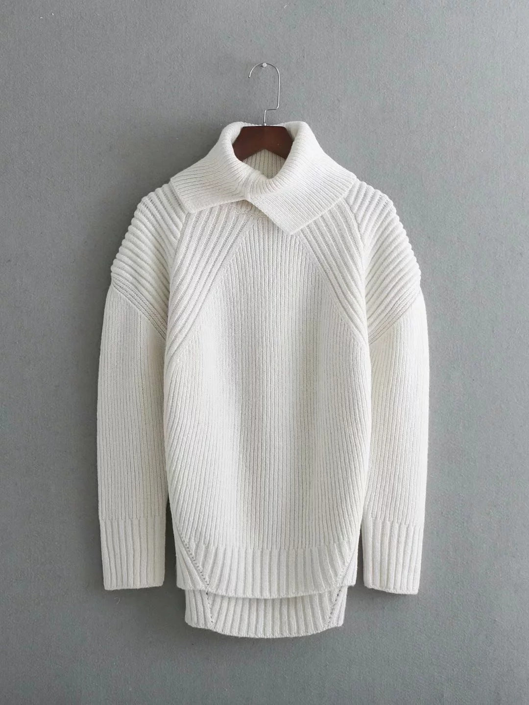 Slit Hem Knit Pile Collar High Low Sweaters