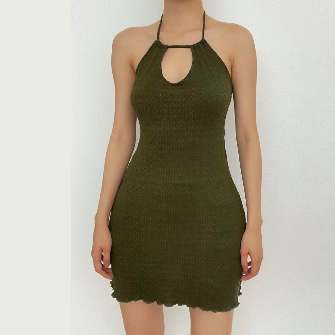 Ruffle halter textured hollow out self tie solid mini dress