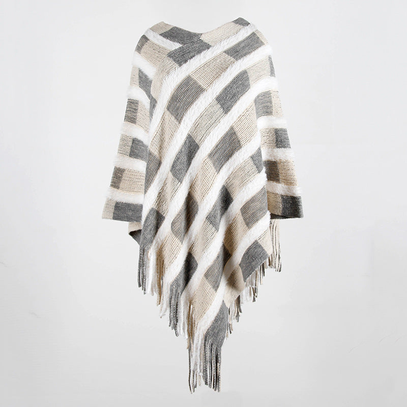 Tassel Fringed Pullover V-neck Collar Plaid Sweater Cloak Shawl Cape