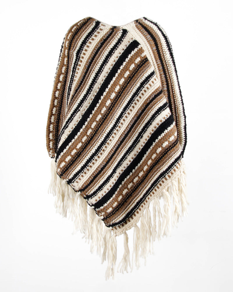 Tassel Fringed Pullover Diagonal Stripes Sweater Cloak Shawl Cape