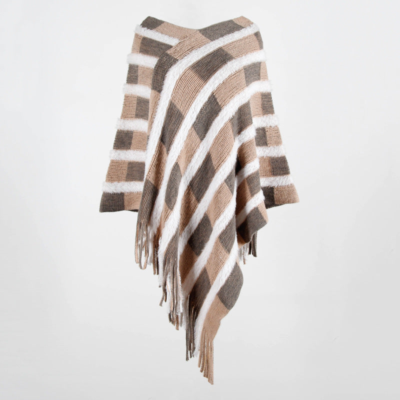 Tassel Fringed Pullover V-neck Collar Plaid Sweater Cloak Shawl Cape