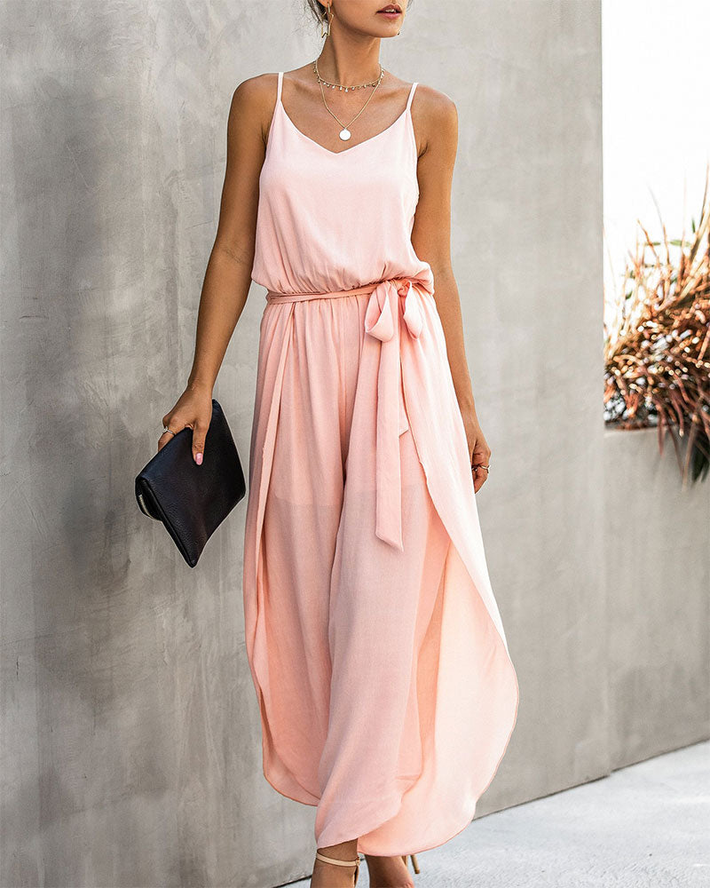 V-neck Suspender Irregular Wide Leg Side Jumpsuit