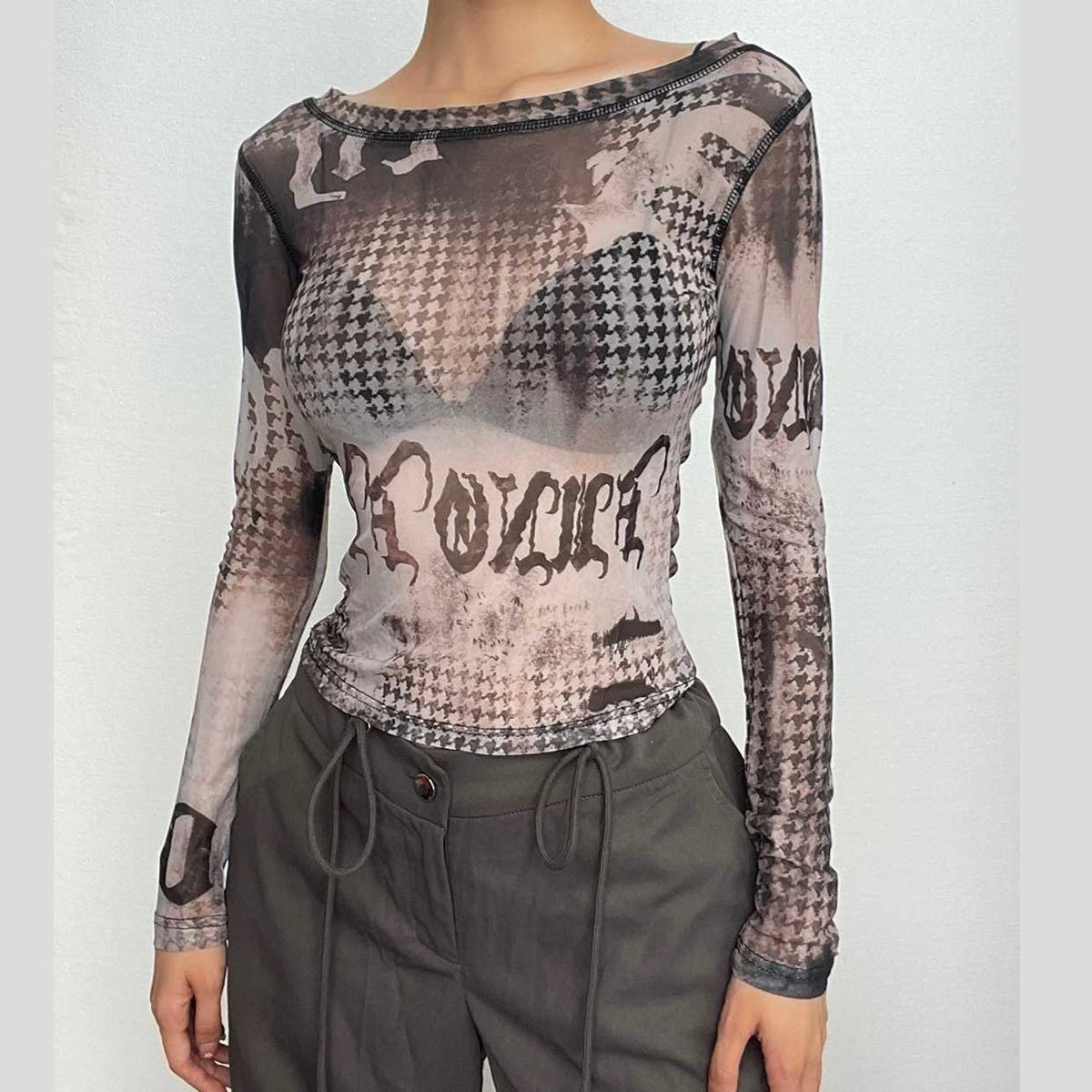 Contrast sheer mesh see through long sleeve round neck top
