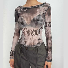 Contrast sheer mesh see through long sleeve round neck top