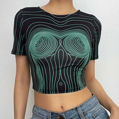 Short sleeve round neck contrast abstract print crop top