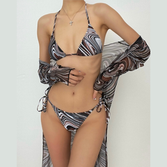 Ripple contrast print mesh long sleeve halter 3 piece swimwear