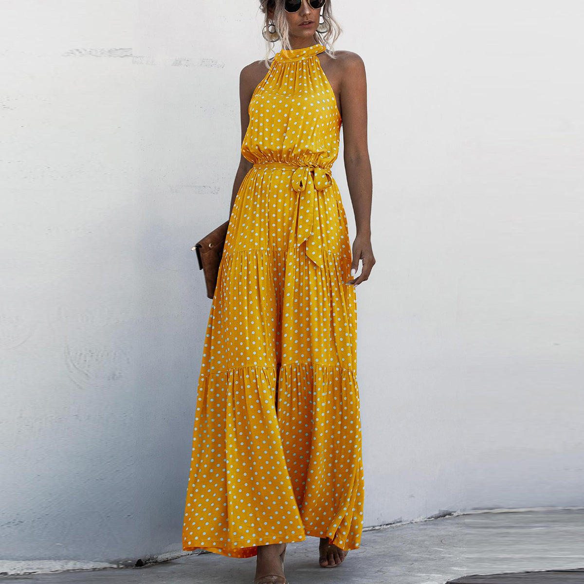 Yellow Wave Bohemian Boho Printed Hanging Neck Straps Maxi Dresses