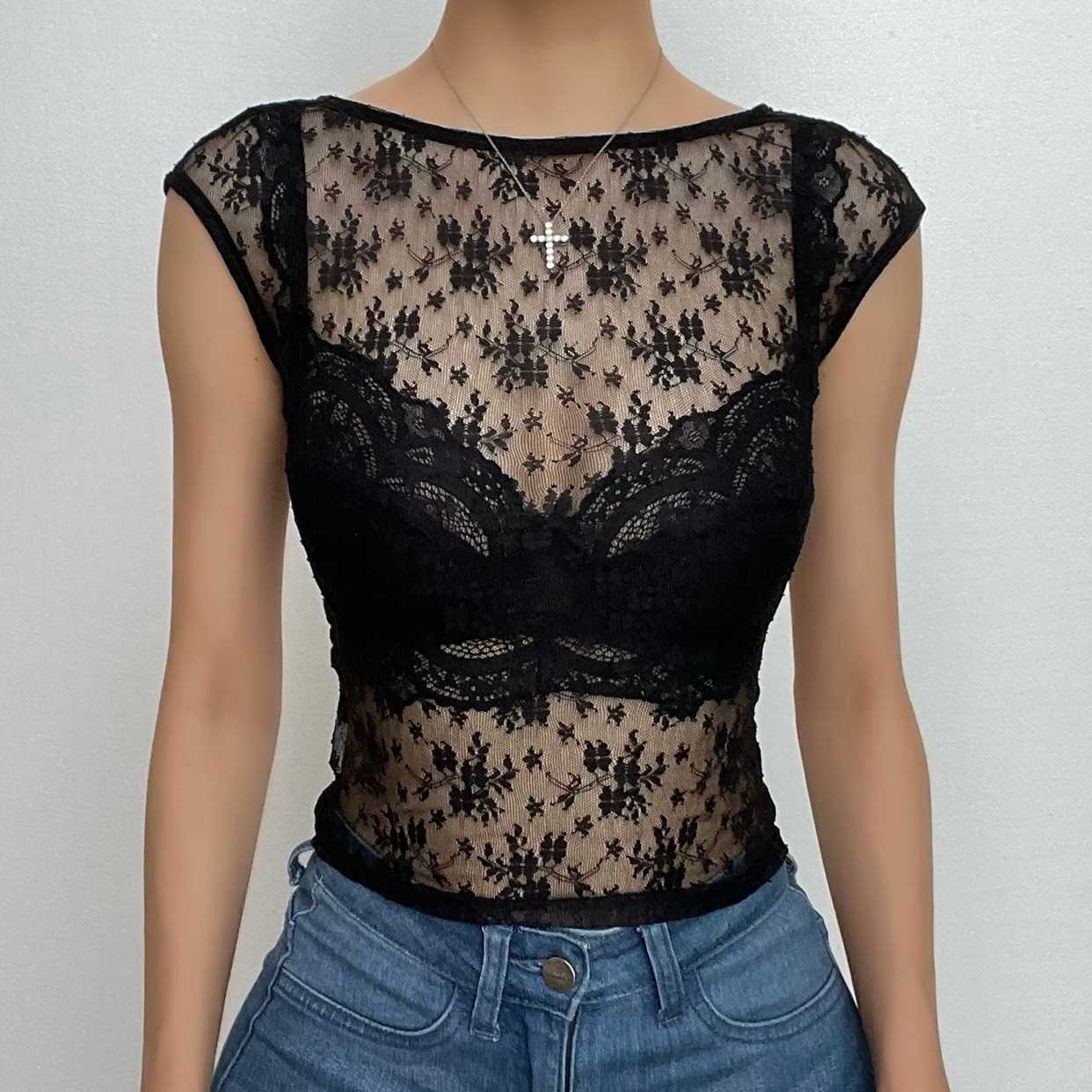 Lace solid see through halter cap sleeve backless crop top – Suncoy