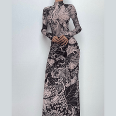 Sheer mesh see through abstract long sleeve high neck maxi dress