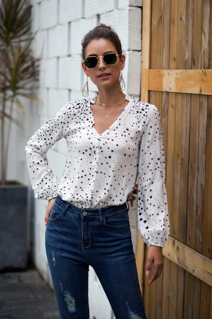 Women V Neck Single Breasted Star Pattern Printed Shirt