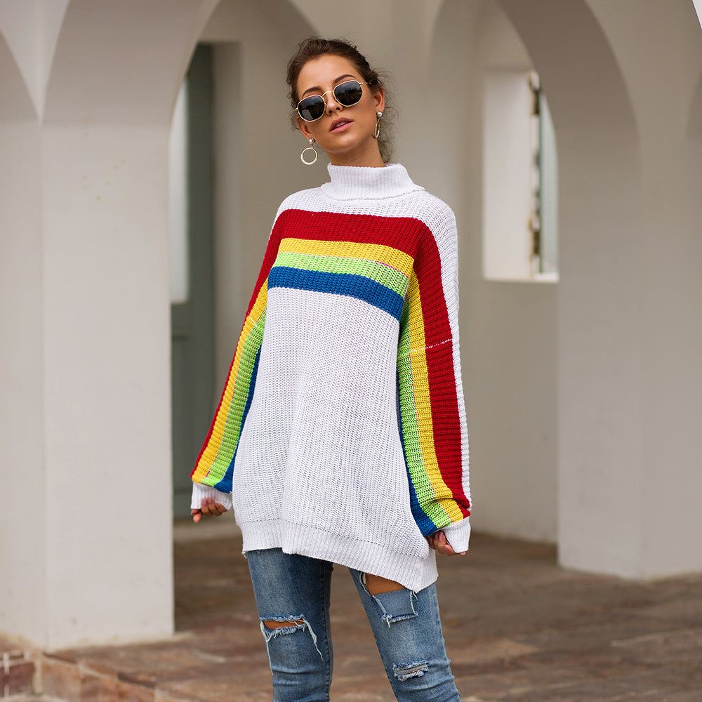 Women's High Collar Rainbow Stripes Knit Long Sweater