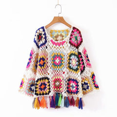 Women's Loose Colored Hollowed-out Tassel Sweater