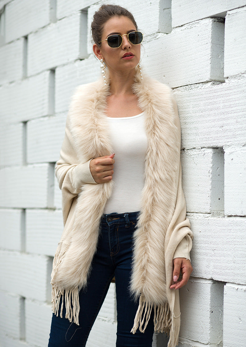 Tassel Fringed Cloak Shawl Fur Collar Sweater Cape Cardigans