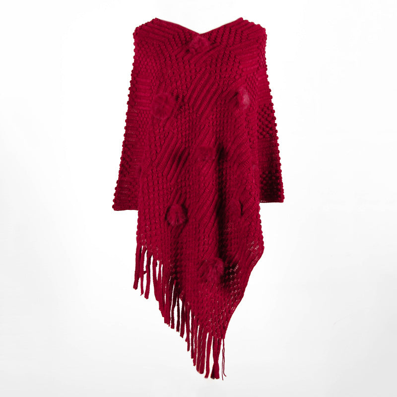 Tassel Fringed Pullover V-neck Collar Pompom Sweater Cloak Shawl Cape
