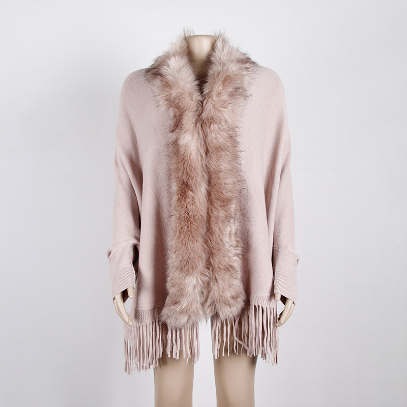 Tassel Fringed Cloak Shawl Fur Collar Sweater Cape Cardigans