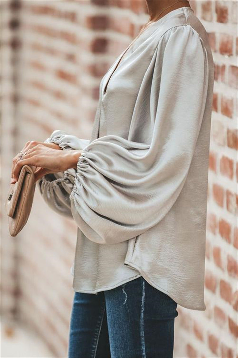 Women V Neck Lantern Sleeve Loose Shirt