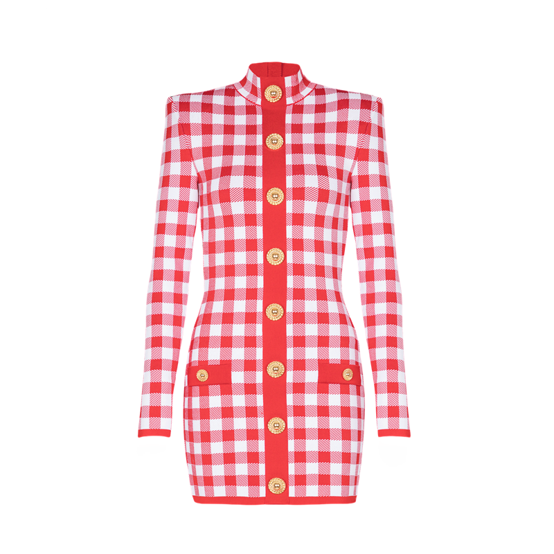 Abby Long Sleeve Gingham Print Button Embellished Mini Dress