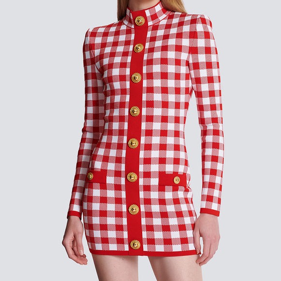 Abby Long Sleeve Gingham Print Button Embellished Mini Dress