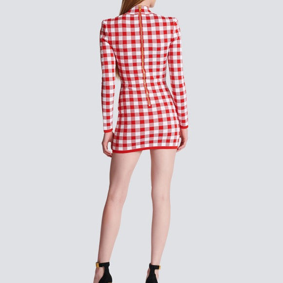 Abby Long Sleeve Gingham Print Button Embellished Mini Dress