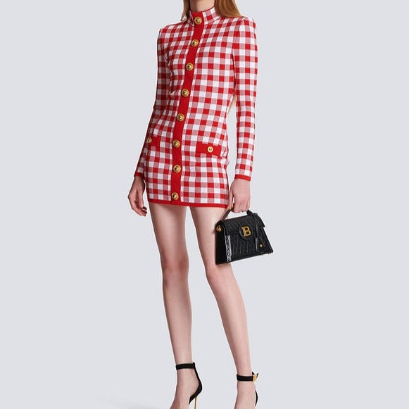 Abby Long Sleeve Gingham Print Button Embellished Mini Dress