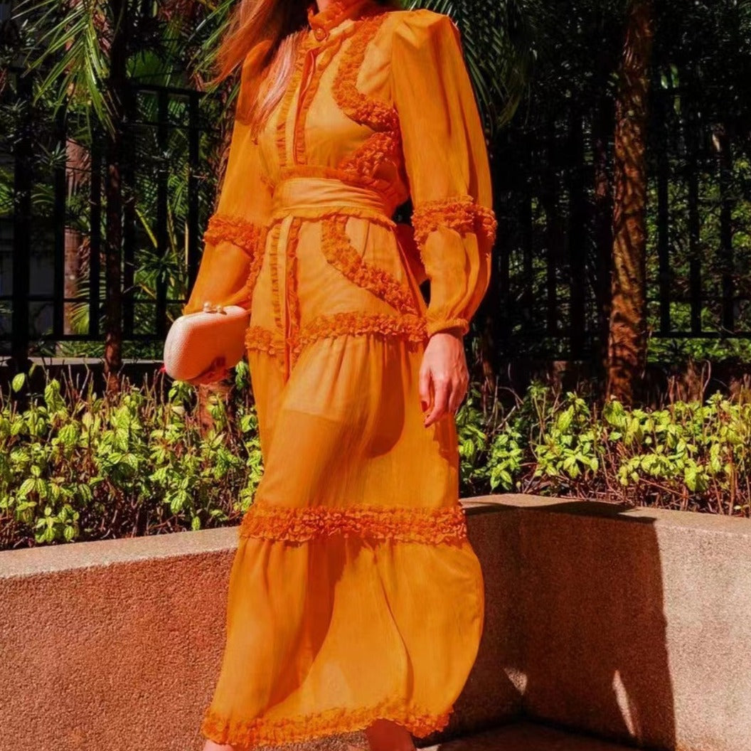 Dianna Lantern Sleeve Spliced Ruffle Maxi Dress