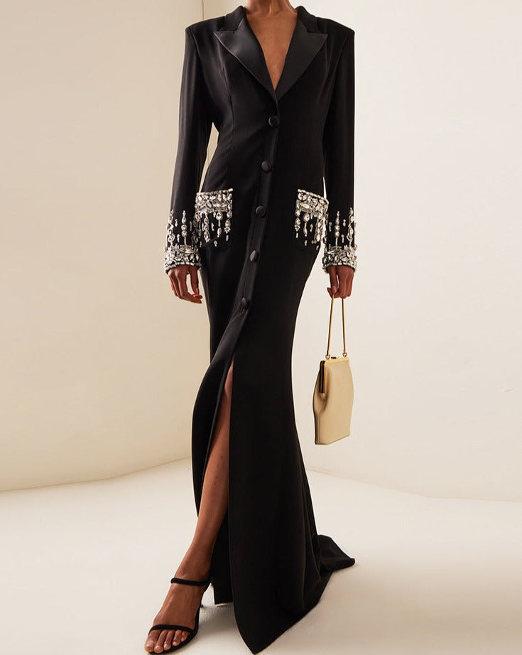 Emmylou Long Sleeve Rhinestone Embellished Blazer Maxi Dress