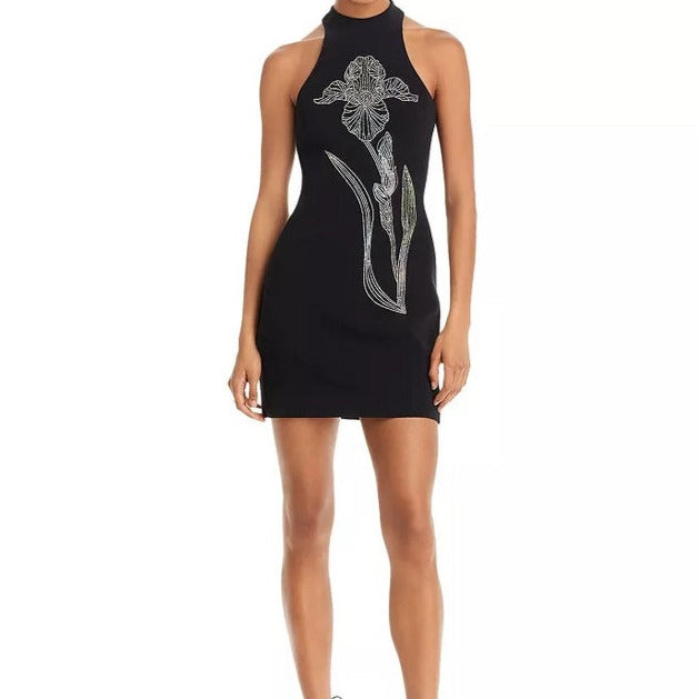 Faye Sleeveless Mock Neck Crystal Floral Embellished Mini Dress