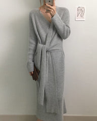 V-neck Cross Straps Long Knit Cardigan Midi Dresses White