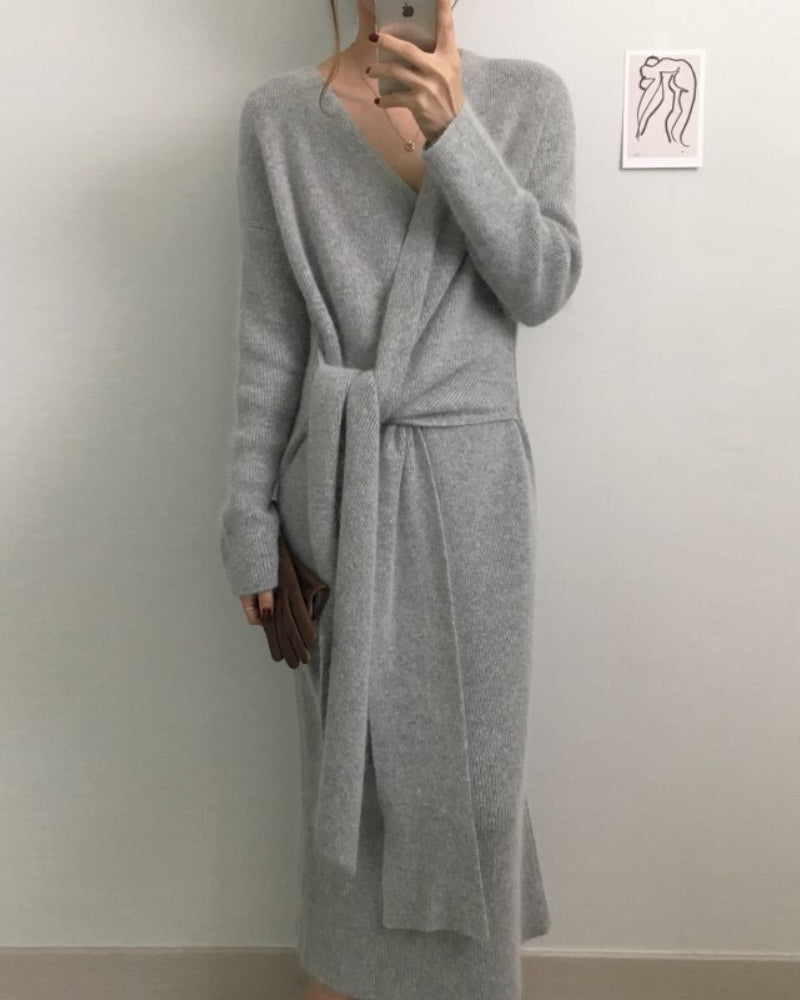 V-neck Cross Straps Long Knit Cardigan Midi Dresses - Gray