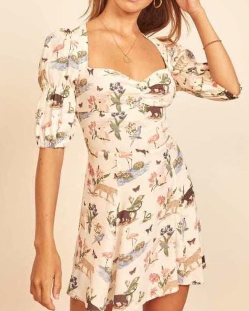 Square Collar Animal Pattern Floral Mini Dress