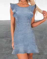 Vacation Blue Denim Ruffles Sleeves Mini Dresses