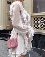 White Multi-layer Lace Cross Ruffle Vacation Mini Dresses