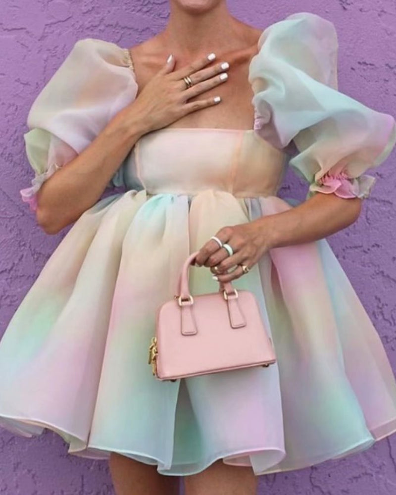 Tie Dye Rainbow Puff Bubble Sleeve Off Shoulder Mini Dresses