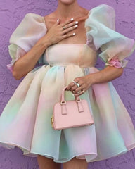 Tie Dye Rainbow Puff Bubble Sleeve Off Shoulder Mini Dresses