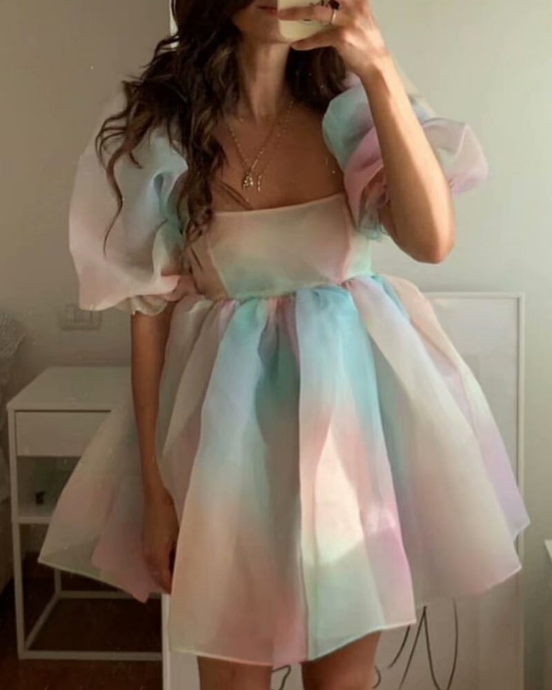 Tie Dye Rainbow Puff Bubble Sleeve Off Shoulder Mini Dresses