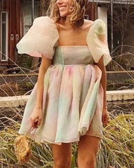 Tie Dye Rainbow Puff Bubble Sleeve Off Shoulder Mini Dresses