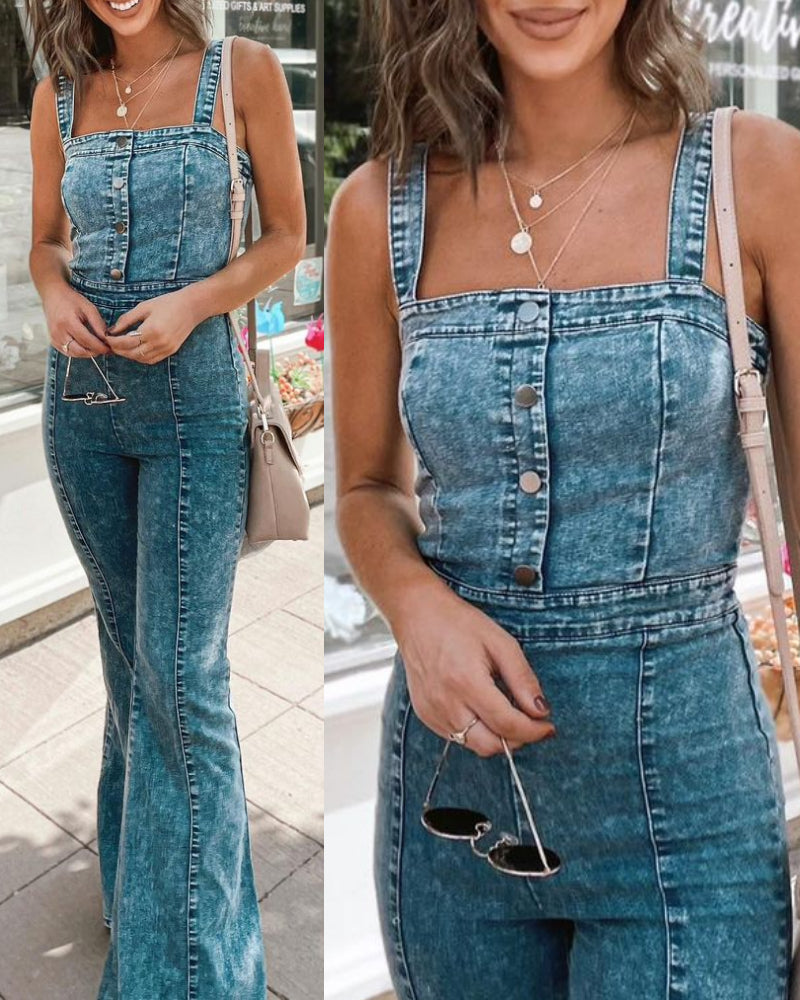 Strap Tube Top Wide-leg Denim Jumpsuit Bell-bottomed Pants