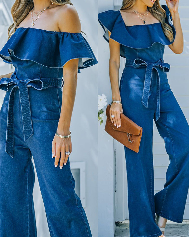 Tube Top One Shoulder Wide-leg Ruffles Denim Jumpsuit