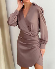 V-neck Pile Collar Satin Bodycon Mini Dresses