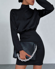 V-neck High Collar Satin Bodycon Mini Dresses